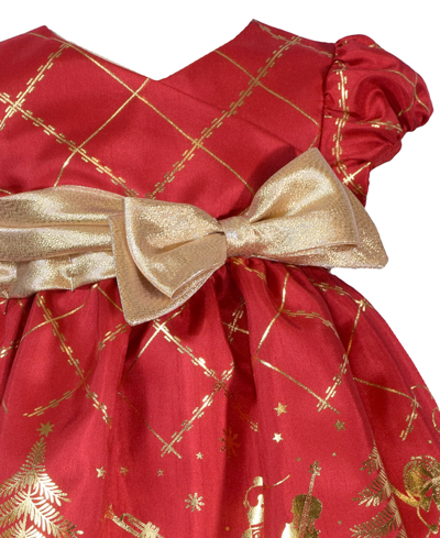 Shop Bonnie Baby Baby Girls Short Sleeved Foiled Shantung With Nutcracker Motif And Side Bow Dress In Red