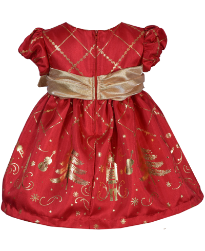 Shop Bonnie Baby Baby Girls Short Sleeved Foiled Shantung With Nutcracker Motif And Side Bow Dress In Red