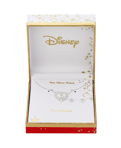 Shop Disney Cubic Zirconia Heart Necklace And Stud Earring Set, 3 Piece In Silver