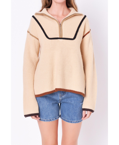 Shop English Factory Women's Contrast Piping Quarter-zip Sweater In Beige Multi