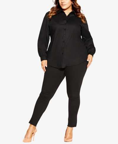 Shop City Chic Trendy Plus Size Clean Look Long Sleeve Shirt Top In Black