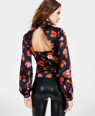 Shop Guess Women's Long-sleeve Mock-neck Top In Floral Black Ground