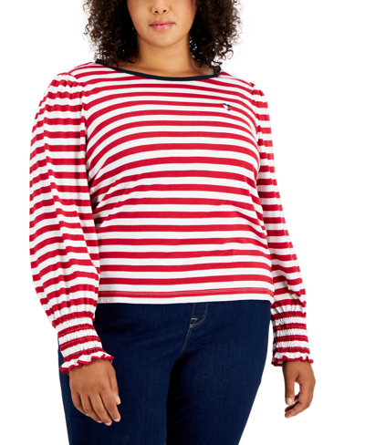 Shop Tommy Hilfiger Plus Size Striped Smocked-cuff Top In Chili Multi