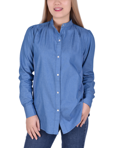 Ny Collection Petite Long Sleeve Chambray Blouse In Medium Denim