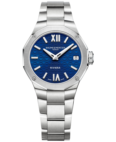 Shop Baume & Mercier Women's Swiss Riviera Stainless Steel Bracelet Watch 33mm In Blue