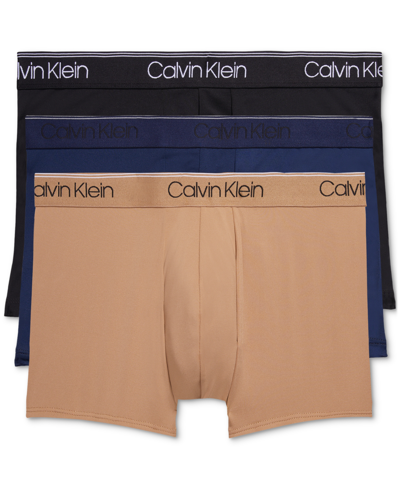 Shop Calvin Klein Men's 3-pack Microfiber Stretch Boxer Briefs Underwear In Black,tigers Eye,blue Shadow