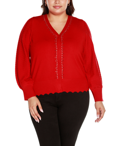 Shop Belldini Black Label Plus Size Rhinestone Embellished Cardigan Sweater In  Red