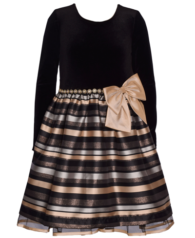 Shop Bonnie Jean Big Girls Long Sleeve Velvet Bodice With Jacquard Striped Skirt Dress In Black