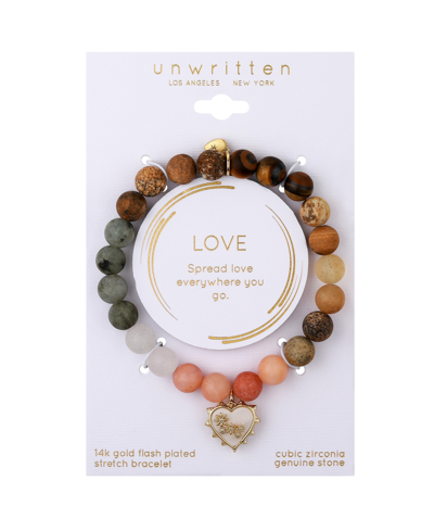 Unwritten Mother Of Pearl Heart And Star Multi Color Stone Beaded Stretch Bracelet In Gold
