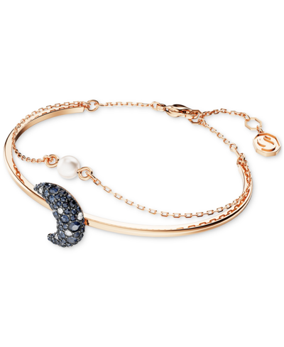 Shop Swarovski Rose Gold-tone Pave Crescent Moon & Imitation Pearl Double-row Bangle Bracelet In Multicolored