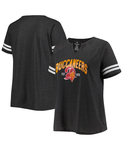 Shop Fanatics Women's  Heather Charcoal Tampa Bay Buccaneers Plus Size Throwback Notch Neck Raglan T-shirt