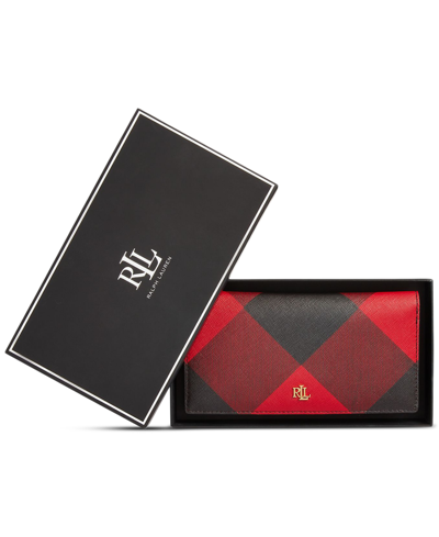 Shop Lauren Ralph Lauren Print Crosshatch Leather Slim Wallet In Gift Box In Buffalo Checkrl Red,black