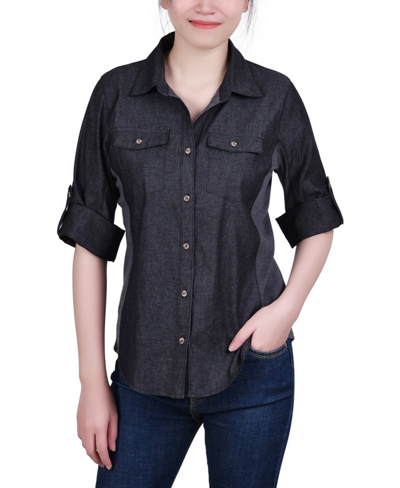 NY COLLECTION PETITE 3/4 ROLL TAB CHAMBRAY BLOUSE 