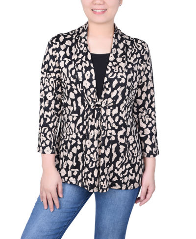 Ny Collection Petite Puff Print 3/4 Sleeve Two-fer Top In Nomad Black Animal