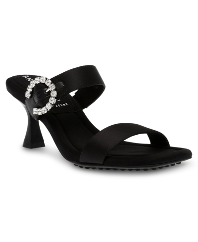 Shop Anne Klein Women's Josie Square Toe Dress Sandals In Black Satin