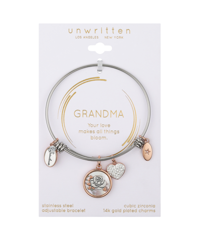 Unwritten Cubic Zirconia Heart And Bezel, Mother Of Pearl Inlay Flower And Silver-plated Grandma Bangle Bracel In Silver