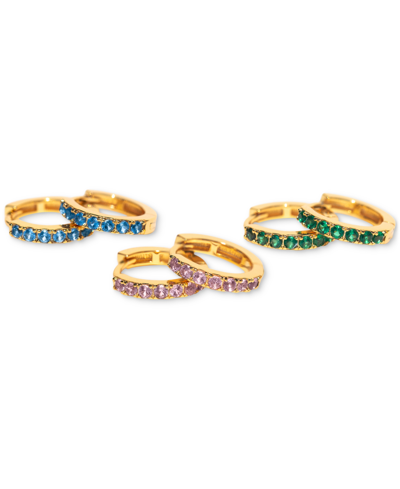 Girls Crew 18k Gold-plated 3-pc. Set Small Multicolor Pave Hoop Earrings, 0.5" In Gold