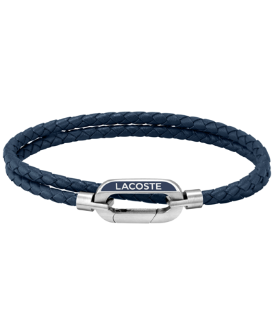 Shop Lacoste Men's Braided Leather Bracelet In Navy