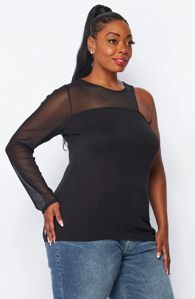 Bluegrey Mesh Notch One-shoulder Mixed Media Top In Black -