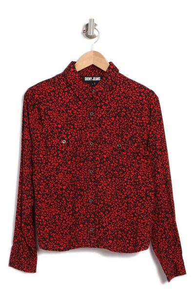 Shop Dkny Print High-low Woven Button-up Shirt In Scarlet Black Combo