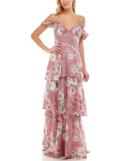 Shop Crystal Doll Juniors Womens Floral Chiffon Evening Dress In Pink