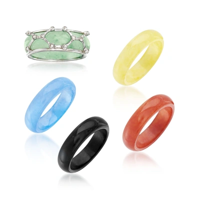 Shop Ross-simons Multicolored Jade Jewelry Set: 5 Interchangeable Bands With Sterling Silver Ring Jacket In Green