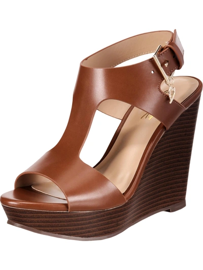 Shop Thalia Sodi Valleri Womens Faux Leather Ankle Strap Wedge Sandals In Brown