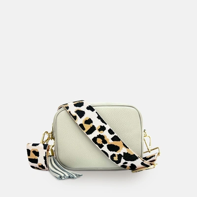 Shop Apatchy London Light Grey Leather Crossbody Bag With Pale Pink Leopard Strap In White