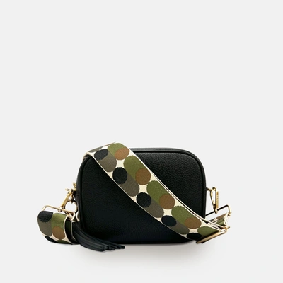 Shop Apatchy London Black Leather Crossbody Bag With Khaki Pills Strap In Green