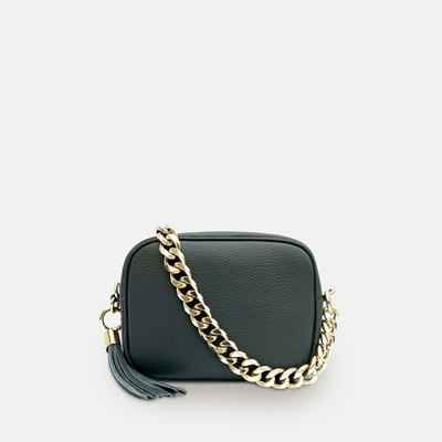 Shop Apatchy London Dark Grey Leather Crossbody Bag With Gold Chain Strap In Green
