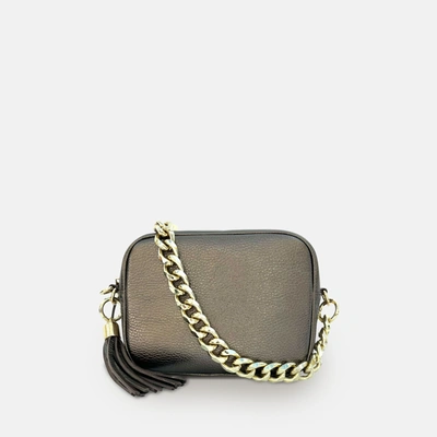 Shop Apatchy London Bronze Leather Crossbody Bag With Gold Chain Strap In Grey