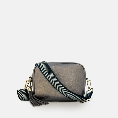 Shop Apatchy London Bronze Leather Crossbody Bag With Black & Gold Chevron Strap In Grey