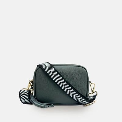 Shop Apatchy London Dark Grey Leather Crossbody Bag With Black & Silver Chevron Strap In Green