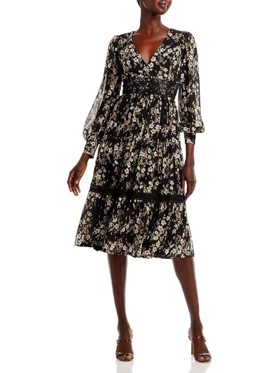 Shop Aqua Womens Floral Print Crochet Trim Midi Dress In Black