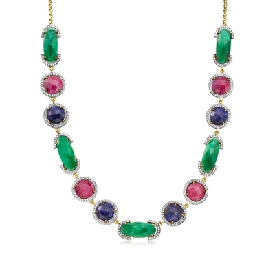 Shop Ross-simons Multi-gemstone And White Topaz Frame Necklace In 18kt Gold Over Sterling In Green