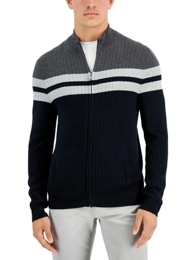 Shop Alfani Mens Mock Neck Colorblock Full Zip Sweater In Blue