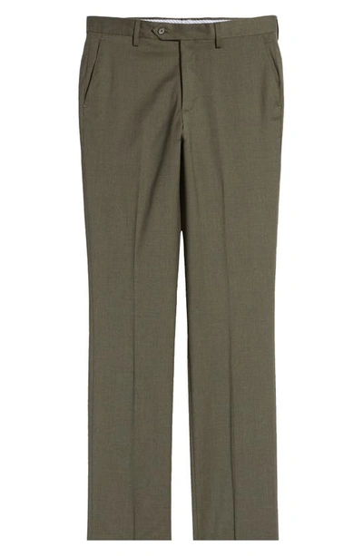 Shop Berle Flat Front Modern Fit Gabardine Stretch Wool Trousers In Olive