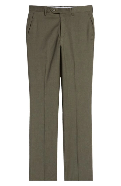 Berle Flat Front Modern Fit Gabardine Stretch Wool Trousers In Olive