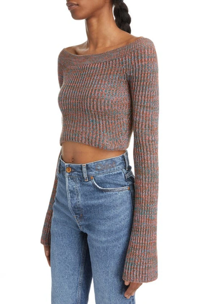 Shop Chloé Off The Shoulder Cashmere Blend Mouliné Crop Rib Sweater In Multicolor Blue 1