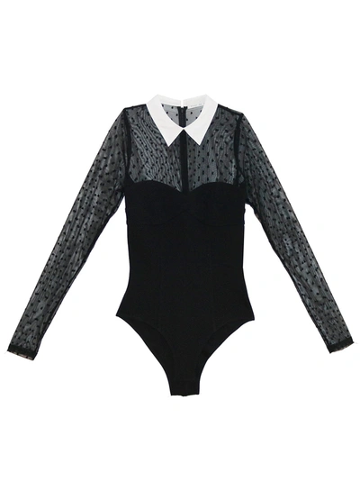 Shop Fleur Du Mal Collared Bodysuit With Dotted Tulle In Black