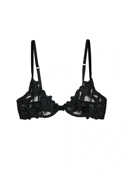 Fleur Du Mal Black Lily Embroidery Plunge Demi Bra In 0100 Black