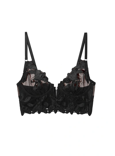 Fleur Du Mal Black Lily Embroidery Longline Demi Bra In Black