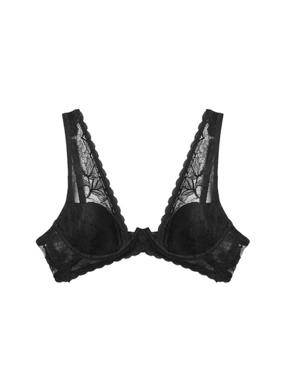Fleur Du Mal Black Gardenia Lace Overlay Demi Bra In Black
