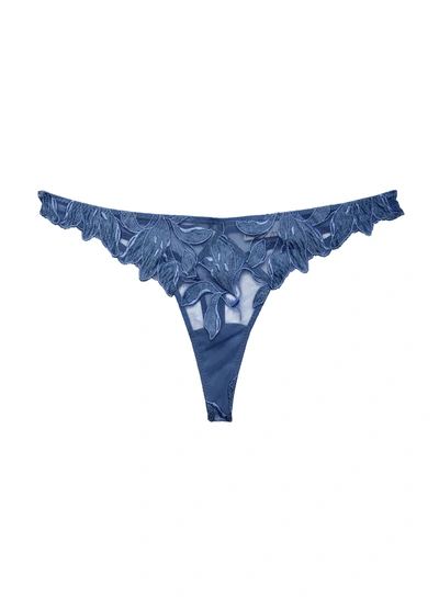 Fleur Du Mal Denim Lily Embroidery Hipster Thong In Denim