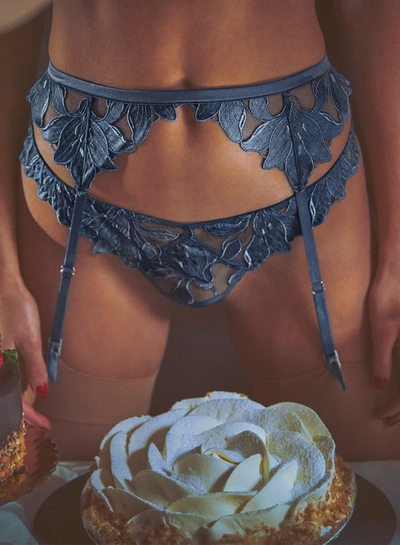 Fleur Du Mal Denim Lily Embroidery Hipster Thong In Denim
