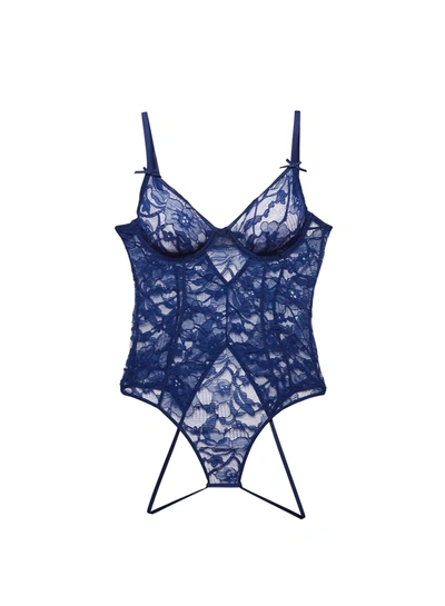 Shop Fleur Du Mal Magnolia Lace Ouvert Bodysuit In Nighttime Blue