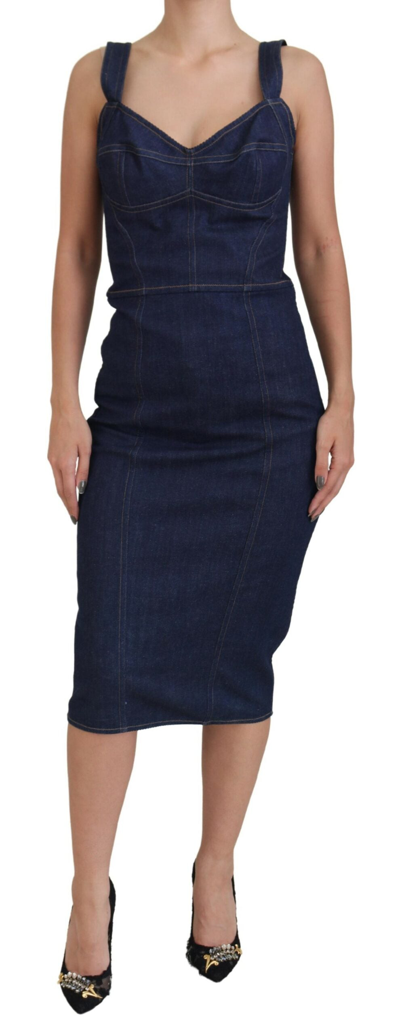 Shop Dolce & Gabbana Dark Blue Cotton Denim Sheath Midi Women's Dress