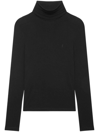 Shop Saint Laurent Cassandre-embroidered Roll-neck Jumper In Black