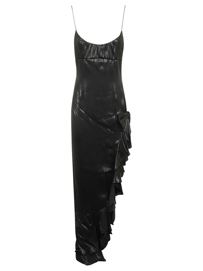 Shop Alessandra Rich Asymmetric Ruffled Midi Dress In Black