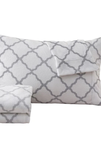 Woven & Weft Printed Plush Velour Sheet Set In Lattice - White / Grey